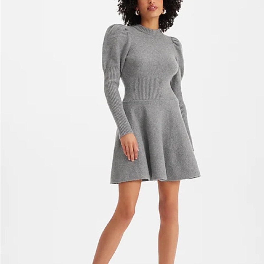 Express Crew Neck Puff Sleeve Satin Ribbon Tie Back Sweater Dress. medium
